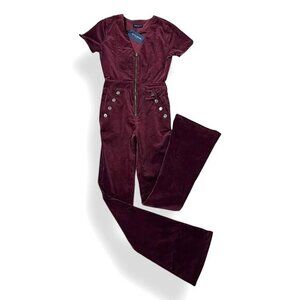 NWT Ramy Brook Helena Velveteen Jumpsuit Short Sleeve Flare Legs Sangria Sz 25